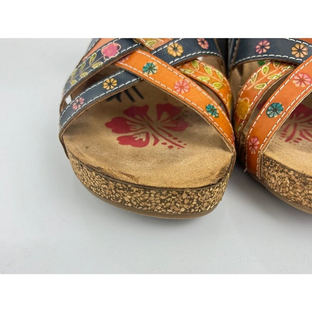 La Artiste Jadora  Women's Floral Embossed  Leather Sandals Blue & Orange 42 10. - Picture 4 of 9